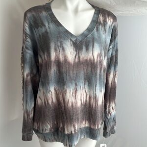 Ariella multicolor blue taupe cream v-neck top L